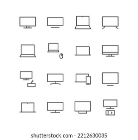 Set of monitor and computer icons, device, screen, laptop, phone, pc, and linear variety vectors.
