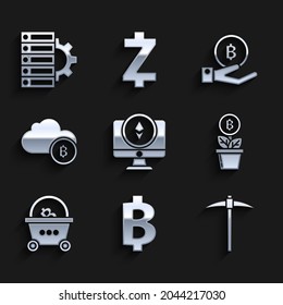 Set Monitor and Cryptocurrency coin Ethereum ETH, Bitcoin, Pickaxe, plant pot, Shopping basket with bitcoin, cloud mining, Hand holding and Server gear icon. Vector
