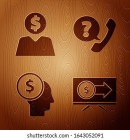 Set Monitor with dollar, Business man planning mind, Business man planning mind and Telephone handset and speech bubble chat on wooden background. Vector