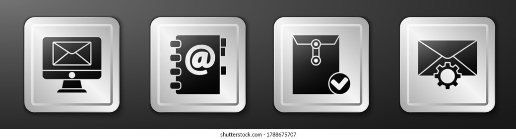 Set Monitor and envelope, Address book, Envelope and check mark and Envelope setting icon. Silver square button. Vector