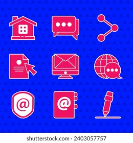 Set Monitor and envelope, Address book, Pencil with eraser, World map made from speech bubble, Shield mail e-mail, Document cursor, Share and House icon. Vector