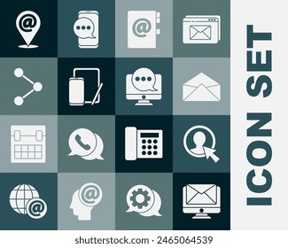 Set Monitor and envelope, Create account screen, Envelope, Address book, Phone graphic tablet, Share, Location mail e-mail and Chat messages notification monitor icon. Vector