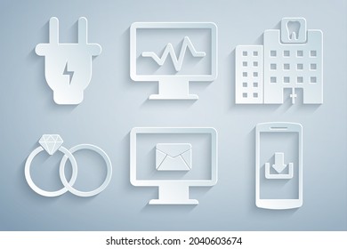 Set Monitor and envelope, Dental clinic, Wedding rings, Smartphone with download, cardiogram and Electric plug icon. Vector