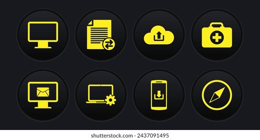 Set Monitor and envelope, First aid kit, Laptop gear, Smartphone with download, Cloud upload and Transfer files icon. Vector
