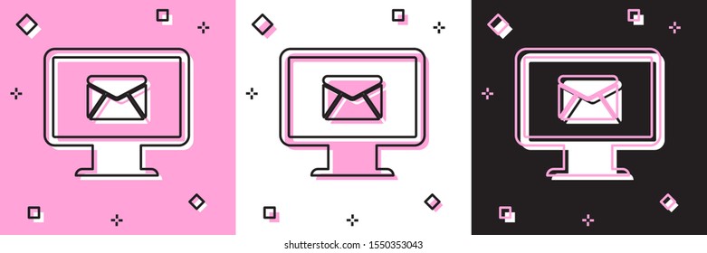 Set Monitor and envelope, new message, mail, email icon isolated on pink and white, black background. Usage for e-mail newsletters, headers, blog posts.  Vector Illustration