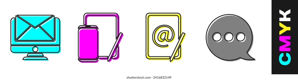 Set Monitor and envelope, Phone and graphic tablet, Mail and e-mail and Speech bubble chat icon. Vector