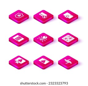 Set Monitor with exclamation mark, Browser, Password protection, Smart key, Barbed wire, Graphic password, Folder and lock and Credit card shield icon. Vector
