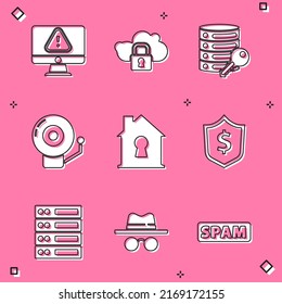 Set Monitor with exclamation mark, Cloud computing lock, Server security key, Ringing alarm bell, House under protection, Shield dollar, Server, Data, Web Hosting and Incognito mode icon. Vector