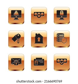 Set Monitor with exclamation mark, Mail message lock password, Identification badge, House under protection, Marked key, Lock computer monitor, Password and  icon. Vector