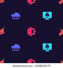 Set Monitor with exclamation mark, Password protection, Globe of the Earth and gear and Pie chart infographic on seamless pattern. Vector