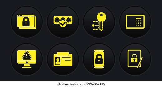 Set Monitor with exclamation mark, Safe, Identification badge, Mobile closed padlock, Cryptocurrency key, Password protection, Tablet and Secure your site HTTPS, SSL icon. Vector