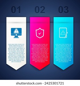 Set Monitor with exclamation mark, Shield check and Tablet. Business infographic template. Vector