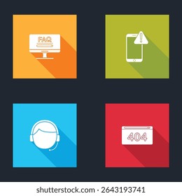 Set Monitor with FAQ information, Mobile exclamation mark, Man headset and Page 404 error icon. Vector