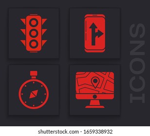Set Monitor and folded map with location, Traffic light, Infographic of city map navigation and Compass icon. Vector
