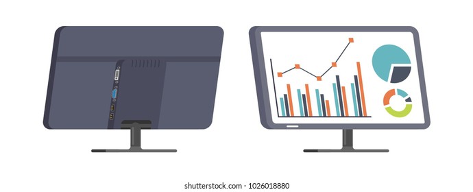 set of monitor front view and back view in flat design style. office property in flat design. electronic device (monitor) in modern flat design style
