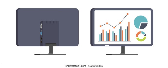 set of monitor front view and back view in flat design style. office property in flat design. electronic device (monitor) in modern flat design style