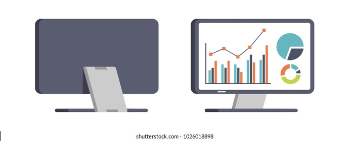set of monitor front view and back view in flat design style. office property in flat design. electronic device (monitor) in modern flat design style