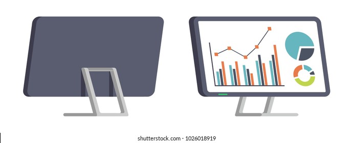 set of monitor front view and back view in flat design style. office property in flat design. electronic device (monitor) in modern flat design style