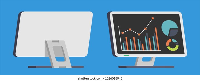 set of monitor front view and back view in flat design style. office property in flat design. electronic device (monitor) in modern flat design style