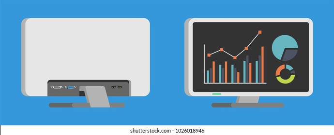 set of monitor front view and back view in flat design style. office property in flat design. electronic device (monitor) in modern flat design style