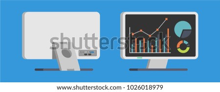 set of monitor front view and back view in flat design style. office property in flat design. electronic device (monitor) in modern flat design style