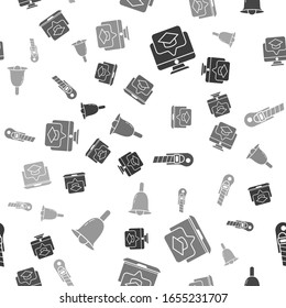 Set Monitor with graduation cap, Graduation cap on screen laptop, Stationery knife and Ringing bell on seamless pattern. Vector
