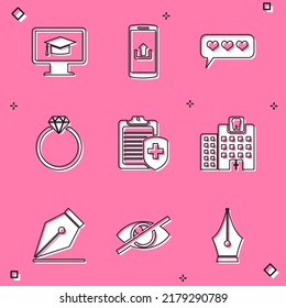 Set Monitor with graduation cap, Smartphone upload, Like and heart, Diamond engagement ring, Clipboard medical insurance and Dental clinic icon. Vector