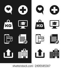 Set Monitor with graduation cap, Weight, Heart in speech bubble, Medical cross circle, NFC Payment and Transfer files icon. Vector