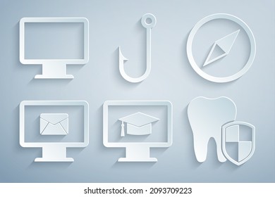 Ajuste el monitor con el tapón de graduación, la rosa del viento y el sobre, la protección dental, el gancho de pesca y el icono de pantalla del monitor de ordenador. Vector