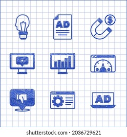 Set Monitor with graph chart, Browser setting, Advertising, Website statistic, Dislike speech bubble, star, Magnet money and Light bulb concept of idea icon. Vector