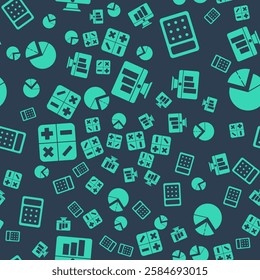 Set Monitor with graph chart, Calculator, Calculator and Pie chart infographic on seamless pattern. Vector