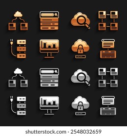 Definir Monitor com gráfico, Organograma de hierarquia, Servidor, Dados, Hospedagem Web, Bloqueio de computação em nuvem, Nuvem de pesquisa, transferência de dados de tecnologia e ícone do mecanismo. Vetor