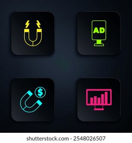 Set Monitor with graph chart, Magnet, money and Advertising. Black square button. Vector