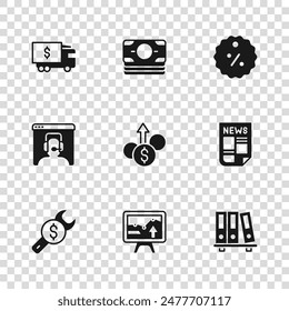 Set Monitor with graph chart, News, Office folders, Financial growth dollar, Discount percent tag, Armored truck, Stacks paper money cash and Telephone 24 hours support icon. Vector