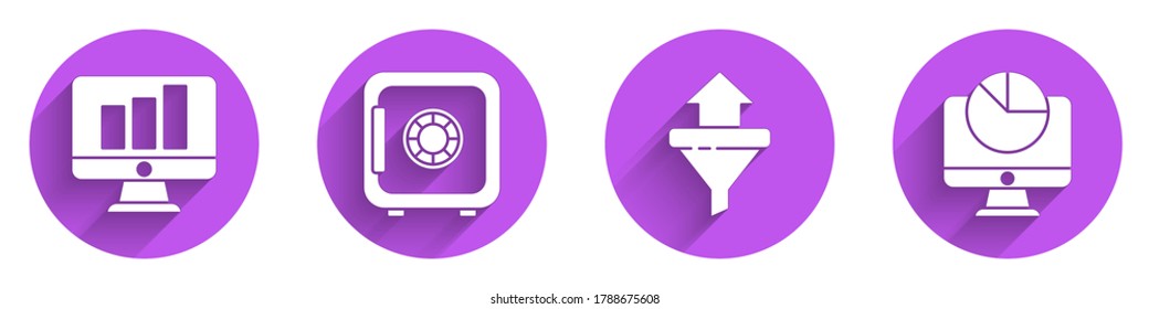 Set Monitor with graph chart, Safe, Sales funnel with arrows and Computer monitor with graph chart icon with long shadow. Vector