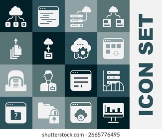 Definir Monitor com gráfico, Servidor, Dados, Hospedagem na Web, Carregando janela de dados, Conexão em nuvem de rede, Transferência de tecnologia em nuvem, exportação e ícone. Vetor