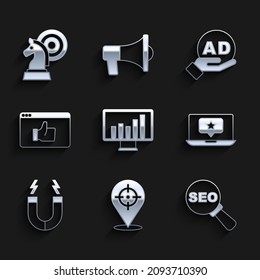 Set Monitor with graph chart, Target, SEO optimization, Laptop star, Magnet, Customer product rating, Advertising and Chess icon. Vector