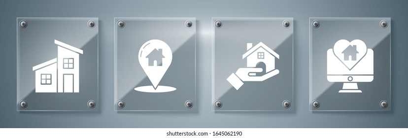 Set Monitor with house in heart shape, Realtor, Map pointer with house and House. Square glass panels. Vector