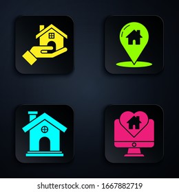 Set Monitor with house in heart shape, Realtor, House and Map pointer with house. Black square button. Vector