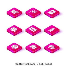 Set Monitor with house in heart shape, House, Globe symbol, Hanging sign text Online Sale, dollar, Fire hydrant, contract and  icon. Vector