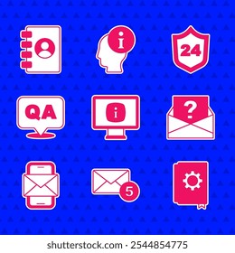 Definir Monitor com informações, Novo, mensagem de entrada de email, Manual do usuário, Ponto de interrogação do envelope, Celular e envelope, Resposta à pergunta, Suporte por telefone 24 horas e ícone do Catálogo de endereços. Vetor