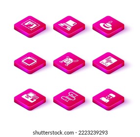 Set Monitor with keyboard, Book, Processor CPU, Viking in horned helmet, Nerd geek, Crossword, Man hat and Laptop icon. Vector