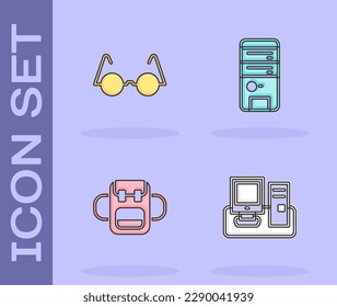 Set Monitor with keyboard, Eyeglasses, School backpack and Computer icon. Vector