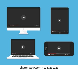 Set of monitor, laptop, tablet, smartphone video player template - stock vector.