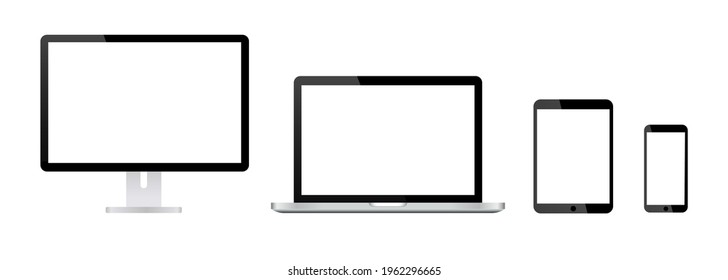 Set monitor, laptop, tablet, smartphone in dark and grey colors. Realistic devices blank screen mockup isolated on white background. Vector illustration.