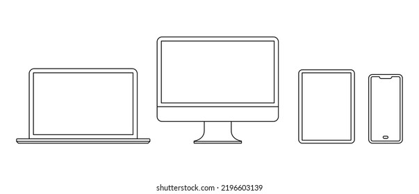 Set Of Monitor, Laptop, Tablet And Smartphone Icon Symbol. Modern Digital Devices Template. Outline Style Vector Illustration