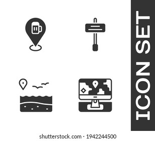 Set Monitor with location marker, Alcohol beer bar, Location beach and Road traffic sign icon. Vector