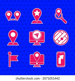 Set Monitor with location marker, City map navigation, Folded, Location, Search and Route icon. Vector