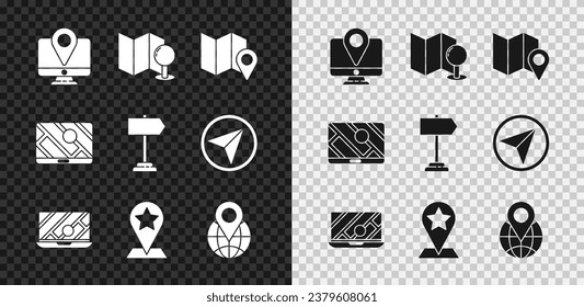 Set Monitor with location marker, Folded map push pin, City navigation, Map pointer star, Location the globe,  and Road traffic sign icon. Vector