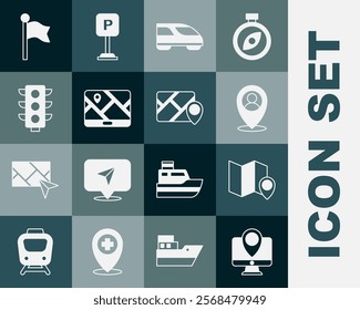 Set Monitor with location marker, Folded map, Location person, High-speed train, City navigation, Traffic light,  and Infographic of city icon. Vector